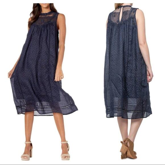 Frye Navy Blue Sleeveless Lace Yoke Dress Loose Fit Small Medium Rare NWT - Picture 1 of 9